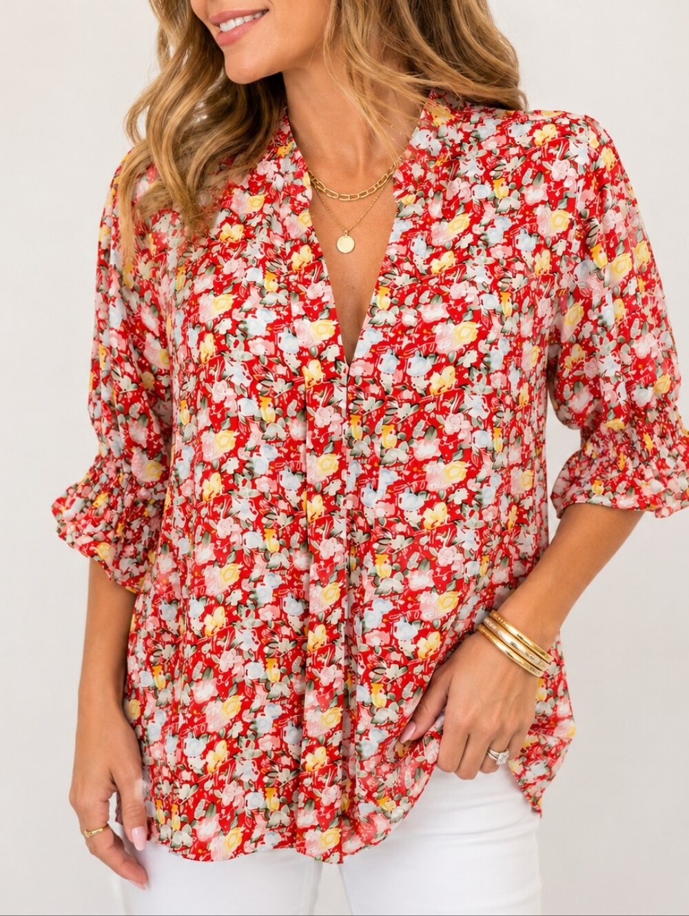 Floral Boho Blouse XL Red Pink Smocked Puff Sleeve Cottagecore Top